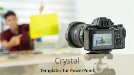  Presentation with social media camera - Slide deck enhanced with young-asian-male-online-merchant background and a soft green colored foreground