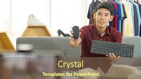  Presentation with social media - Amazing PPT theme having young-asian-male-online-merchant backdrop and a tawny brown colored foreground