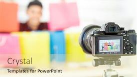  Presentation with social media camera - Beautiful slide deck featuring young-asian-male-online-merchant backdrop and a blonde colored foreground