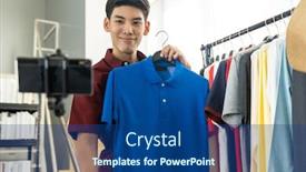  Presentation with influencer - Presentation having young-asian-male-online-merchant background and a ocean colored foreground