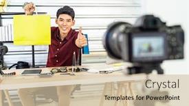  Presentation with online shopping - Presentation having young-asian-male-online-merchant background and a soft green colored foreground