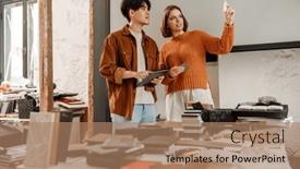  Presentation with interior design office - Slide set enhanced with young-asian-man-and-young background and a  colored foreground