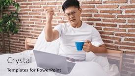  Presentation with yelling - PPT theme having young-asian-man-drinking-coffee background and a  colored foreground