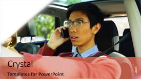  Presentation with driving - Slide deck enhanced with young asian man driving car background and a coral colored foreground