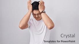  Presentation with migraine - PPT layouts with young-asian-man-standing-over background and a light gray colored foreground