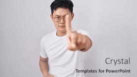  Presentation with asian - Presentation theme consisting of young-asian-man-standing-over background and a light gray colored foreground