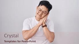  Presentation with closed - Slide set with young-asian-man-standing-over background and a coral colored foreground