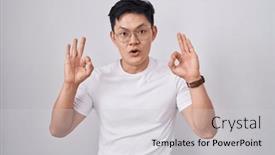  Presentation with asian - Slide set enhanced with young-asian-man-standing-over and a light gray colored foreground