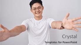  Presentation with asian - Presentation theme having young-asian-man-standing-over background and a light gray colored foreground