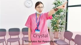  Presentation with waiting room - PPT theme with young-asian-nurse-woman background and a coral colored foreground