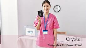  Presentation with political woman - Slide deck with young-asian-nurse-woman background and a coral colored foreground