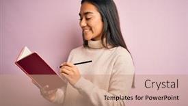  Presentation with diary - Colorful presentation enhanced with young-asian-smart-woman-holding backdrop and a coral colored foreground