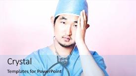 Presentation with scrubs - Audience pleasing slides consisting of young asian surgeon wearing scrubs and looking stressed backdrop and a light blue colored foreground