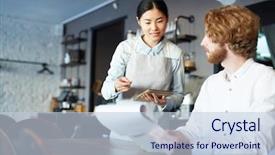  Presentation with restaurant menu - Theme enhanced with young asian waitress advising one background and a lemonade colored foreground
