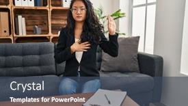  Presentation with hand palm - Theme featuring young-asian-woman-at-consultation background and a ocean colored foreground