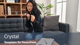  Presentation with office - Presentation design consisting of young-asian-woman-at-consultation background and a ocean colored foreground