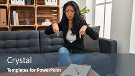  Presentation with sad woman - PPT theme featuring young-asian-woman-at-consultation background and a ocean colored foreground