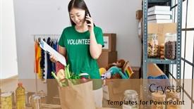  Presentation with food donations - Slide set with young-asian-woman-checking-donated background and a coral colored foreground