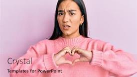  Presentation with heart hands - Cool new PPT theme with young-asian-woman-doing-heart backdrop and a coral colored foreground