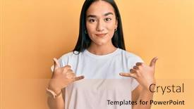  Presentation with asian - Cool new PPT layouts with young-asian-woman-doing-shaka backdrop and a coral colored foreground