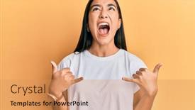  Presentation with asian - Audience pleasing theme consisting of young-asian-woman-doing-shaka backdrop and a coral colored foreground