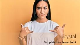  Presentation with asian - Cool new PPT layouts with young-asian-woman-doing-shaka backdrop and a coral colored foreground