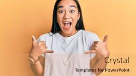  Presentation with woman hands open - Beautiful PPT theme featuring young-asian-woman-doing-shaka backdrop and a coral colored foreground