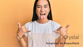  Presentation with asian - Slide deck having young-asian-woman-doing-shaka background and a coral colored foreground
