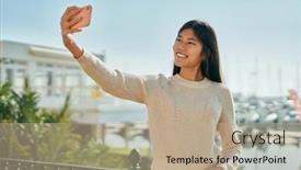  Presentation with video - Cool new presentation theme with young-asian-woman-doing-video backdrop and a coral colored foreground