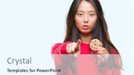  Presentation with chocolate chip - Beautiful slide deck featuring young asian woman eating chocolate chip cookie over isolated background pointing with finger to the camera and to you hand sign positive and confident gesture from the front backdrop and a cool aqua colored foreground