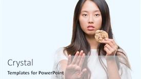  Presentation with chocolate chip cookie - Audience pleasing slide deck consisting of young asian woman eating chocolate chip cookie over isolated background with open hand doing stop sign with serious and confident expression defense gesture backdrop and a cool aqua colored foreground