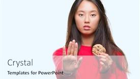  Presentation with chocolate chip - Colorful PPT theme enhanced with young asian woman eating chocolate chip cookie over isolated background with open hand doing stop sign with serious and confident expression defense gesture backdrop and a cool aqua colored foreground