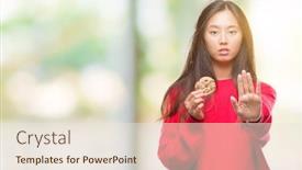  Presentation with chocolate chip cookie - Amazing PPT layouts having young asian woman eating chocolate chip cookie over isolated background with open hand doing stop sign with serious and confident expression defense gesture backdrop and a lemonade colored foreground