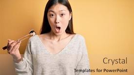  Presentation with asian chopsticks - Theme featuring young-asian-woman-eating-japanese background and a lemonade colored foreground