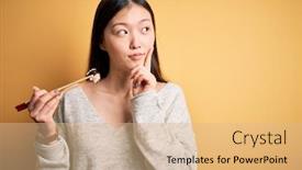  Presentation with asian chopsticks - Slides enhanced with young-asian-woman-eating-japanese background and a coral colored foreground