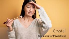  Presentation with asian chopsticks - Theme having young-asian-woman-eating-japanese background and a coral colored foreground