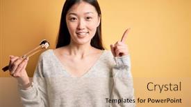  Presentation with asian chopsticks - Amazing theme having young-asian-woman-eating-japanese backdrop and a lemonade colored foreground