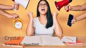  Presentation with asian - PPT theme with young-asian-woman-frustrated background and a coral colored foreground