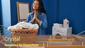  Presentation with praying hands - Slide deck with young-asian-woman-hanging-clothes background and a coral colored foreground