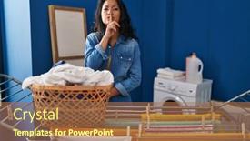  Presentation with clothes - Presentation theme having young-asian-woman-hanging-clothes background and a coral colored foreground