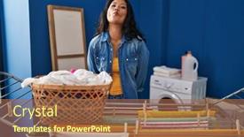  Presentation with clothes - PPT layouts consisting of young-asian-woman-hanging-clothes background and a coral colored foreground