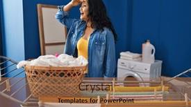  Presentation with far away - Presentation theme consisting of young-asian-woman-hanging-clothes background and a coral colored foreground