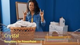  Presentation with asian music - Presentation theme having young-asian-woman-hanging-clothes background and a coral colored foreground