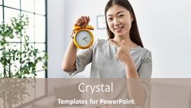  Presentation with alarm - Presentation theme consisting of young-asian-woman-holding-alarm background and a coral colored foreground