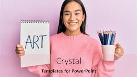  Presentation with colored pencils - Amazing PPT layouts having young-asian-woman-holding-art backdrop and a coral colored foreground