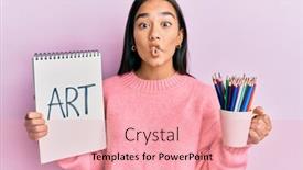  Presentation with colored pencils - PPT layouts consisting of young-asian-woman-holding-art background and a coral colored foreground