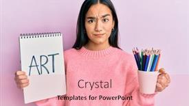  Presentation with colored pencils - Presentation consisting of young-asian-woman-holding-art background and a coral colored foreground