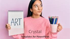  Presentation with colored pencils - Presentation design with young-asian-woman-holding-art background and a coral colored foreground