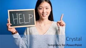  Presentation with text message - Cool new slides with young-asian-woman-holding-blackboard backdrop and a light blue colored foreground