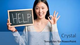  Presentation with text message - Presentation theme consisting of young-asian-woman-holding-blackboard background and a light blue colored foreground